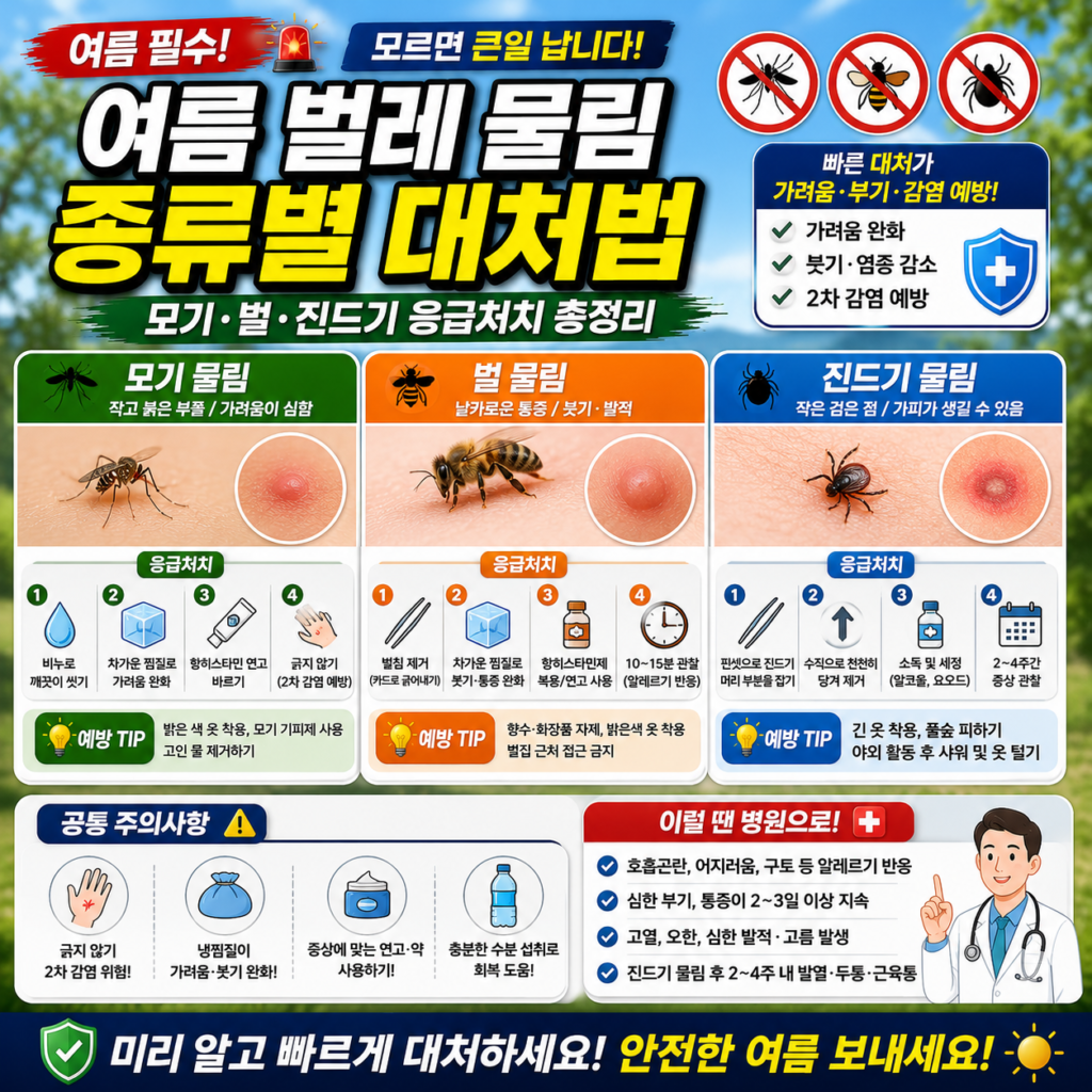 🚨 여름 벌레 물림 대처법 1분 총정리 – 모기·벌·진드기 종류별 응급처치❗ 🚨 여름 벌레 물림 대처법 1분 총정리 – 모기·벌·진드기 종류별 응급처치❗
